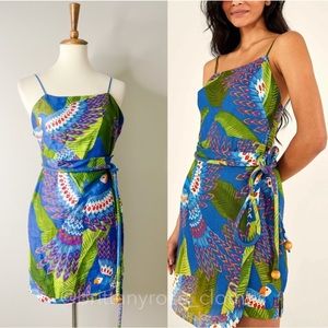 FARM RIO Mini Wrap Dress in Blue Macaw Print NWT